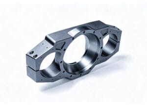 Precision CNC machined alloy steel automotive bearing housing bracket with split design, three precision bored bearing bores, and multiple threaded mounting holes