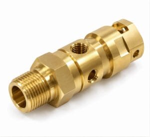 Precision CNC machined brass valve fitting with external threads, internal port threads and hex body — custom brass machining for fluid and pneumatic systems