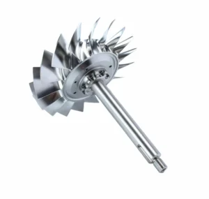 5-axis CNC machined Inconel turbine impeller with integral shaft, precision bladed wheel for turbocharger and aerospace engine applications — superalloy impeller manufacturing