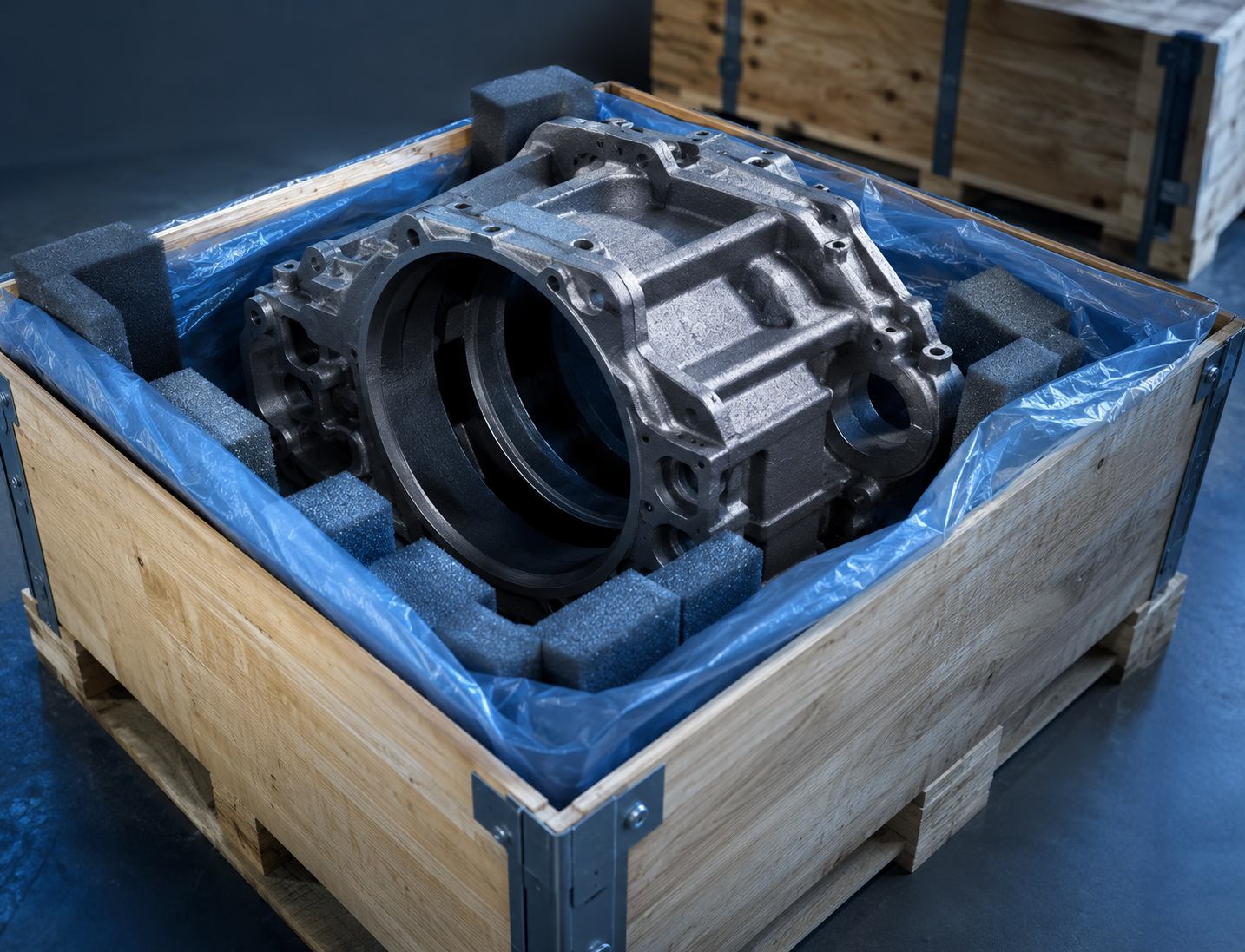 Casting parts packed in reinforced wooden crate