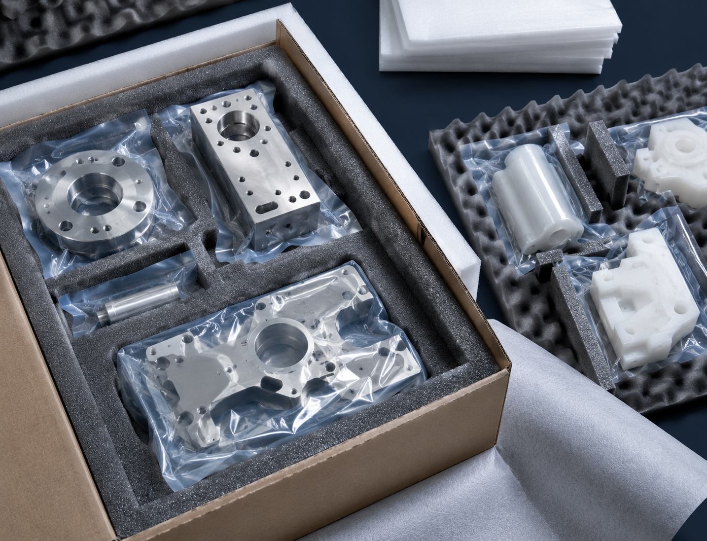 CNC machined parts packaging with foam protection