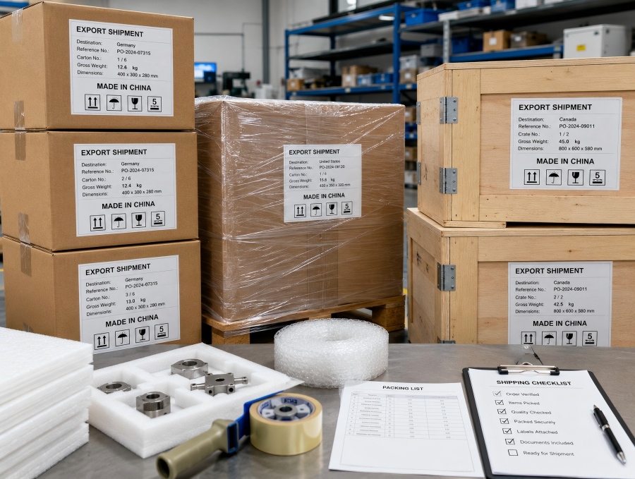 Export packaging labels and shipment preparation