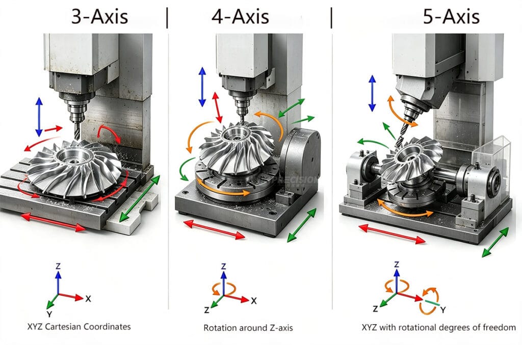 Industrial technical illustration, three panels side by side, labeled at top left to right: 3-axis, 4-axis, 5-axis.