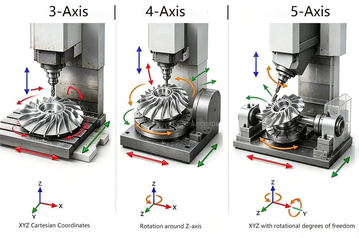 Industrial technical illustration, three panels side by side, labeled at top left to right: 3-axis, 4-axis, 5-axis.