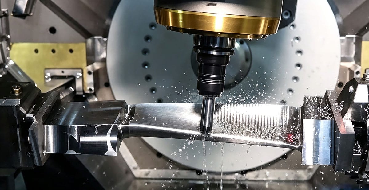 5-axis CNC machining center milling twisted aerospace engine turbine blade, precision CNC milling of aeroengine turbine blade with coolant, aerospace precision machined components