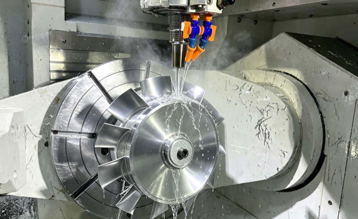 5‑axis CNC machining turbine diffuser, Inconel alloy part being milled with cutting tool and coolant spray inside CNC machine, precision aerospace component manufacturing
