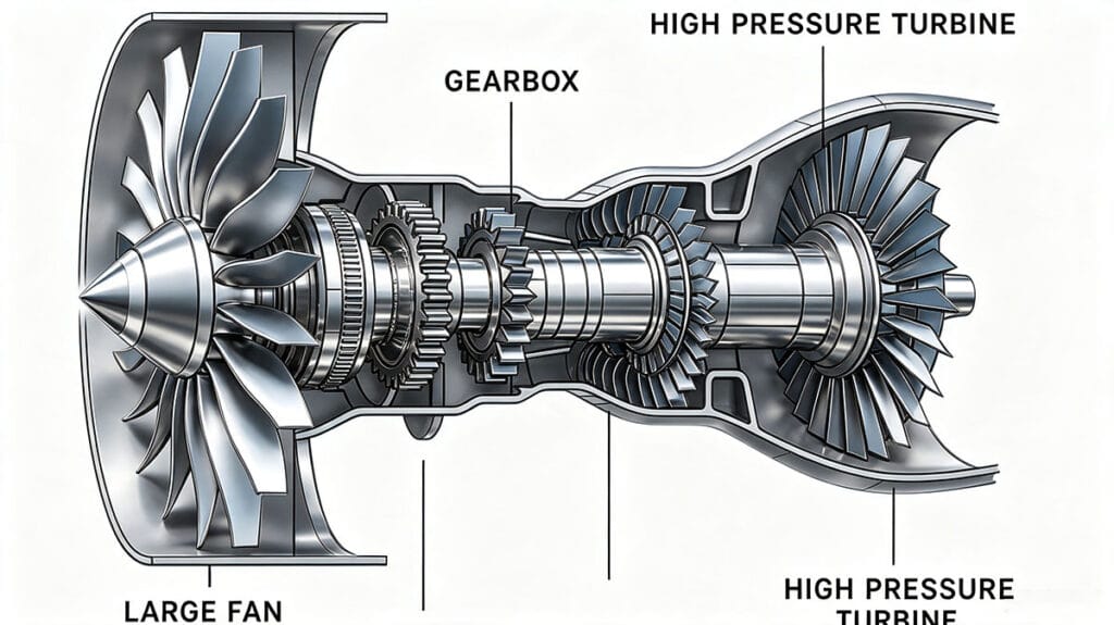 Labeled cutaway technical illustration of geared turbofan (GTF) aircraft jet engine, showing large fan, gearbox, high pressure turbine internal structure, metallic 3D render on white background