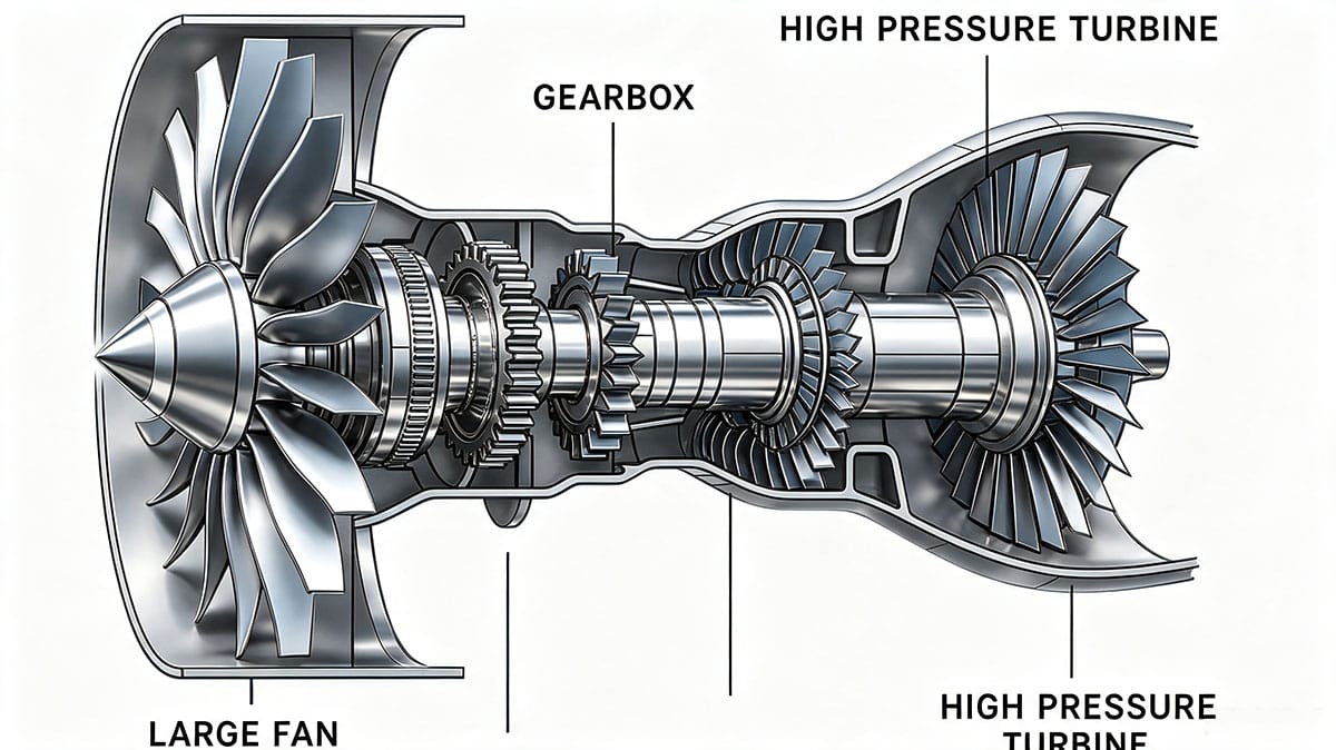 Labeled cutaway technical illustration of geared turbofan (GTF) aircraft jet engine, showing large fan, gearbox, high pressure turbine internal structure, metallic 3D render on white background