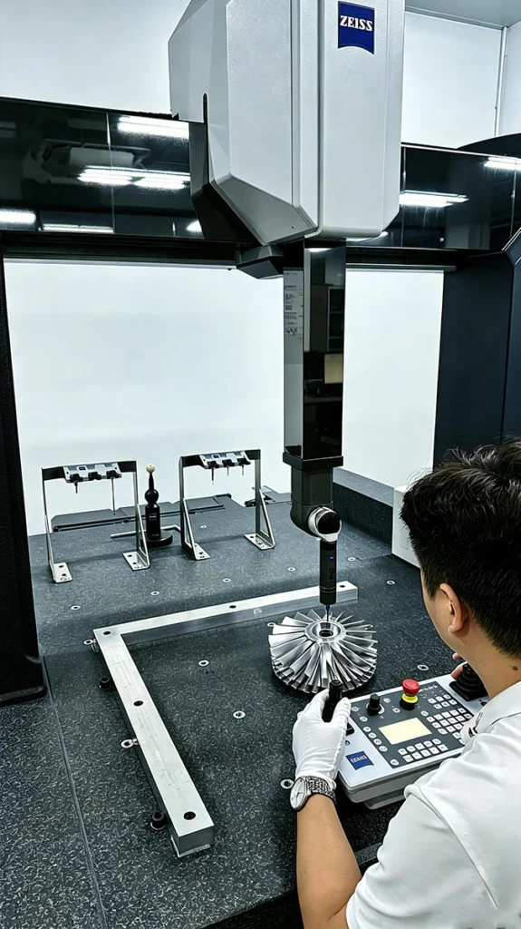 Zeiss CMM measuring high‑precision aerospace turbine impeller, 5 axis machining quality control