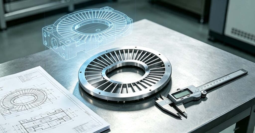 CNC machined aluminum part with engineering drawing, caliper measurement and CAD model in a precision manufacturing workshop