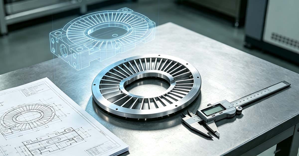 CNC machined aluminum part with engineering drawing, caliper measurement and CAD model in a precision manufacturing workshop