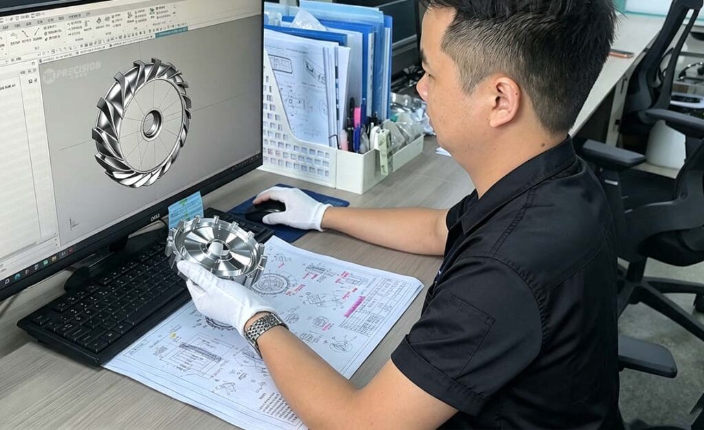 Engineer working with NX UG CAD software for turbine diffuser 3D modeling, comparing CAD model, engineering drawing and CNC machined aerospace diffuser prototype
