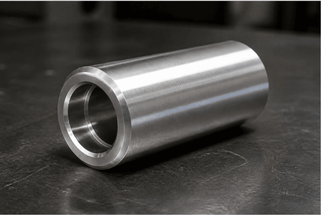 CNC-turned shaft sleeve cylindrical part on granite surface plate, next to a vernier caliper and height gauge for dimensional inspection