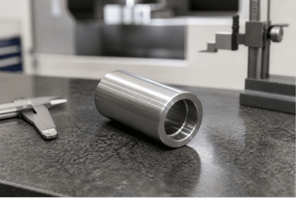 Close-up of a machined shaft sleeve part showing the stepped bore, chamfered edge, and turned outer diameter finish