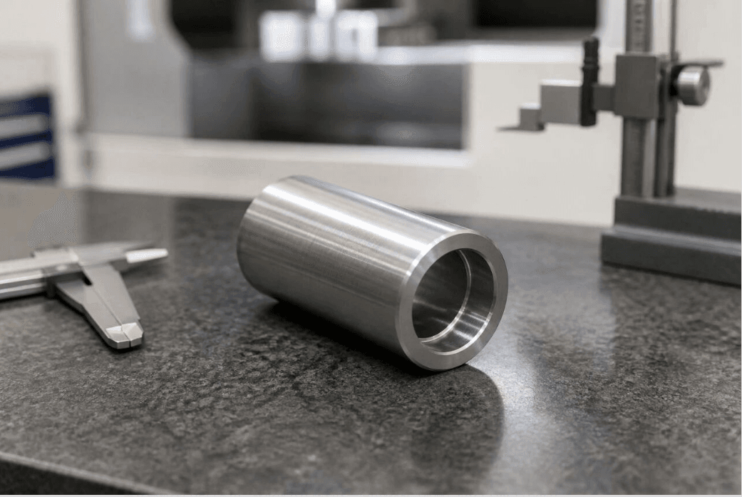 Close-up of a machined shaft sleeve part showing the stepped bore, chamfered edge, and turned outer diameter finish