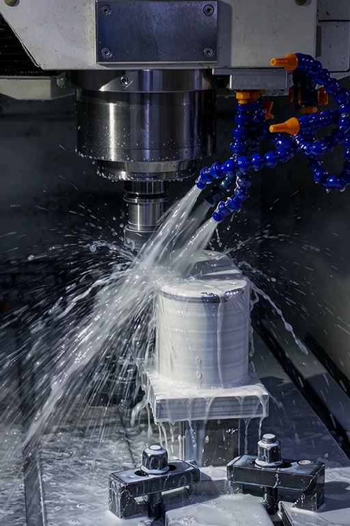 3 axis CNC milling machine machining stainless steel workpiece with coolant spray, custom precision metal machined components