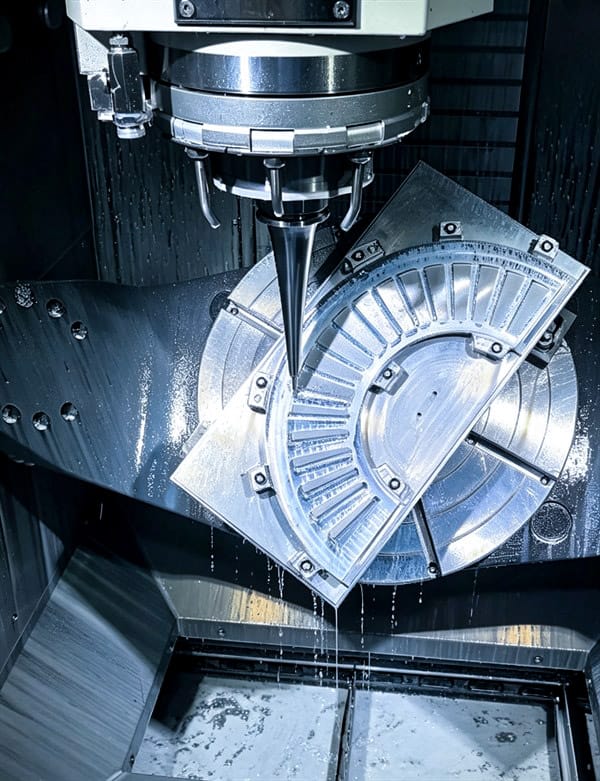 5-axis CNC machining center simultaneously milling a complex impeller blade disk component with tilted rotary table and conical ball-nose cutter, precision aerospace turbomachinery manufacturing