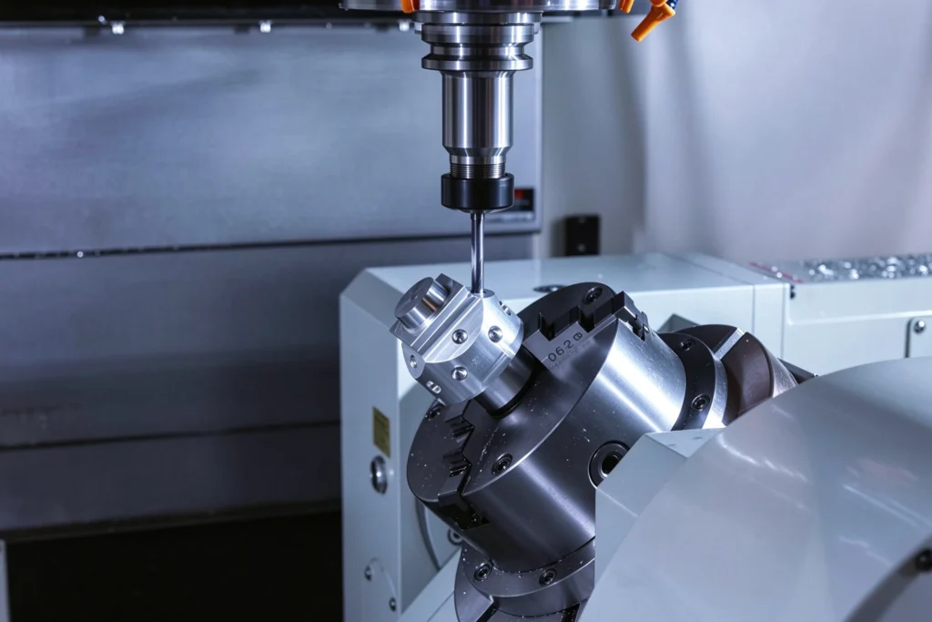 5-axis CNC machining center with trunnion rotary table, milling a complex aluminum component in one setup — high precision 5-axis machining services