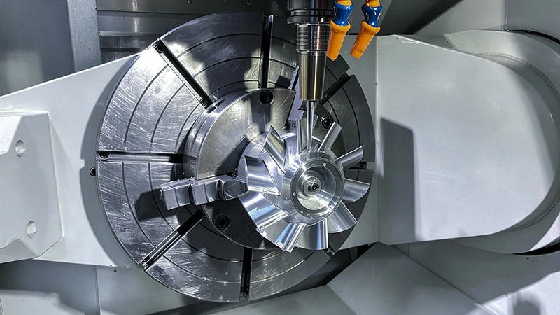 5-Axis CNC Machining Center Processing Aluminum Alloy Impeller - Clean Modern CNC Machining Workshop Environment for Precision Impeller and Turbine Component Manufacturing