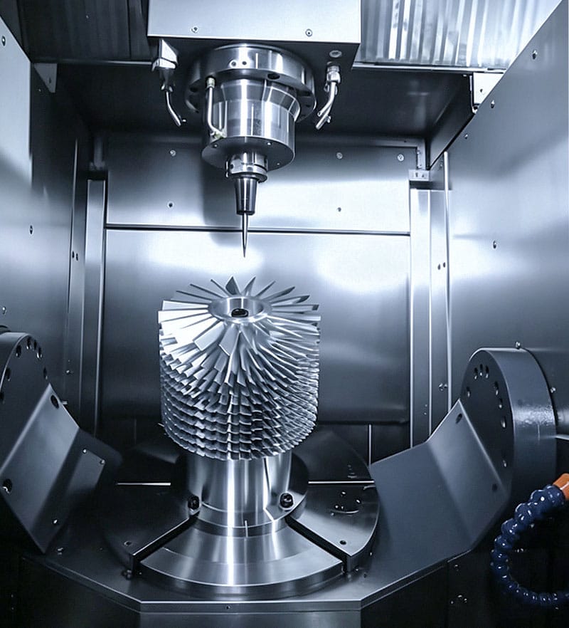 5-axis CNC machining center milling a precision turbine impeller with multi-layered blades, vertical spindle with cutting tool machining compressor wheel in dark gray machine interior