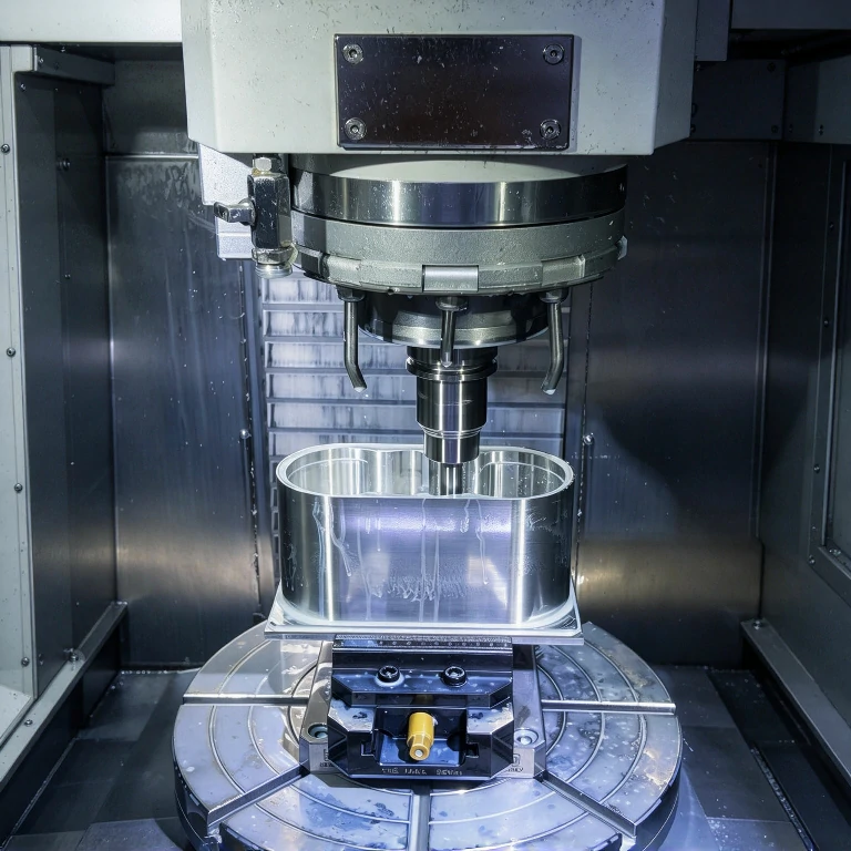 5-axis CNC milling machine machining metal cavity workpiece with coolant, precision custom part manufacturing
