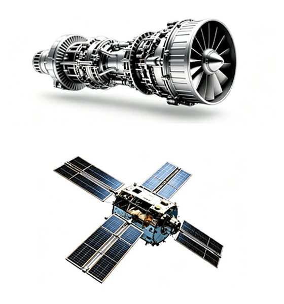 Aviation gas turbine engine and aerospace satellite illustration, white background, precision manufacturing