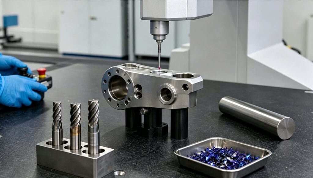 CMM coordinate measuring machine inspection for cnc machined titanium robot joint bracket part quality control