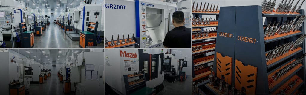Clean precision CNC machining workshop with Jingdiao and Mazak 5-axis machining centers, high-speed milling machines and Lyreign tool storage cabinets for aerospace medical parts manufacturing