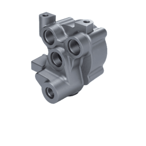 Precision CNC machined hard-anodized aluminum hydraulic valve manifold body with multiple threaded ports and mounting brackets — custom anodized aluminum manifold