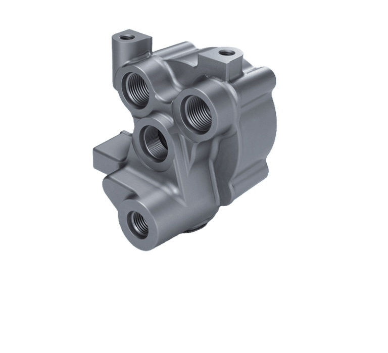 Precision CNC machined hard-anodized aluminum hydraulic valve manifold body with multiple threaded ports and mounting brackets — custom anodized aluminum manifold
