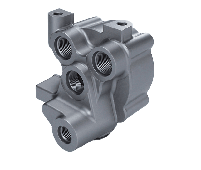 Precision CNC machined hard-anodized aluminum hydraulic valve manifold body with multiple threaded ports and mounting brackets — custom anodized aluminum manifold