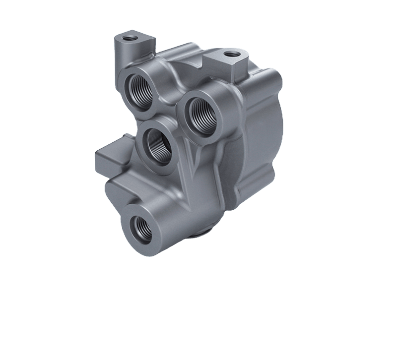 Precision CNC machined hard-anodized aluminum hydraulic valve manifold body with multiple threaded ports and mounting brackets — custom anodized aluminum manifold