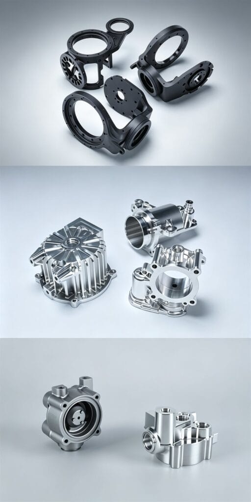 Precision CNC machined aluminum parts showcase - black anodized robotic components, silver CNC housings, and precision valve bodies with 5-axis machining