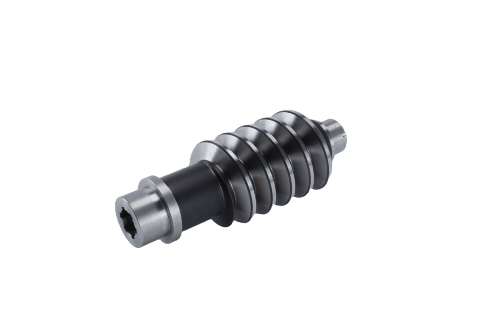 Precision CNC machined and heat-treated hardened worm shaft with multi-start worm threads, splined bore and black oxide finish — custom worm screw manufacturing