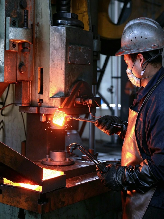 Worker placing a glowing hot steel billet into a closed-die forging press in a forging shop