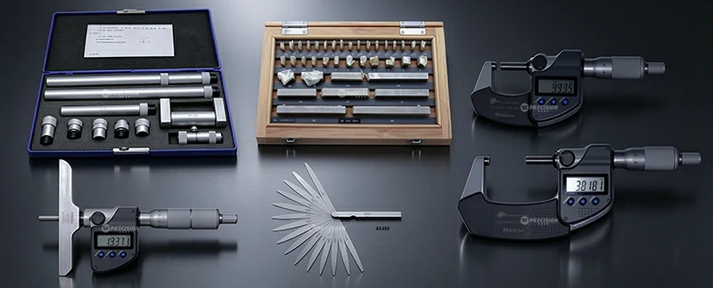Precision Measurement Tools Set - Gauge Blocks, Digital Micrometers, Depth Meters and Feeler Gauges for CMM Calibration and Quality Control Inspection
