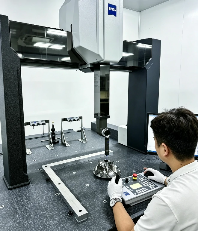 Operator using Zeiss CMM coordinate measuring machine to inspect CNC machined turbine impeller, high precision aerospace component