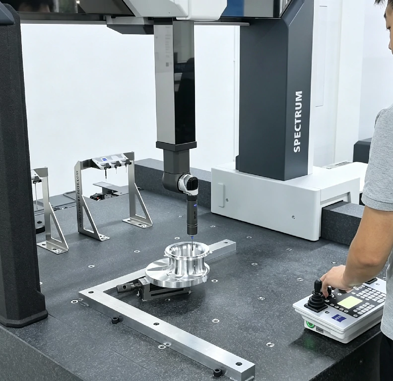 Engineer inspecting CNC machined impeller workpiece on Zeiss Spectrum CMM coordinate measuring machine for high precision dimensional verification