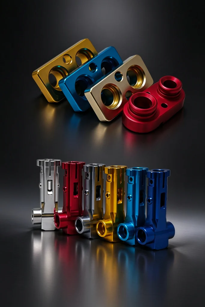 Color Anodized CNC Machined Aluminum Parts - Custom Anodized Aluminum Components with Various Colors including Gold, Red, Blue, Black and Natural Finish
